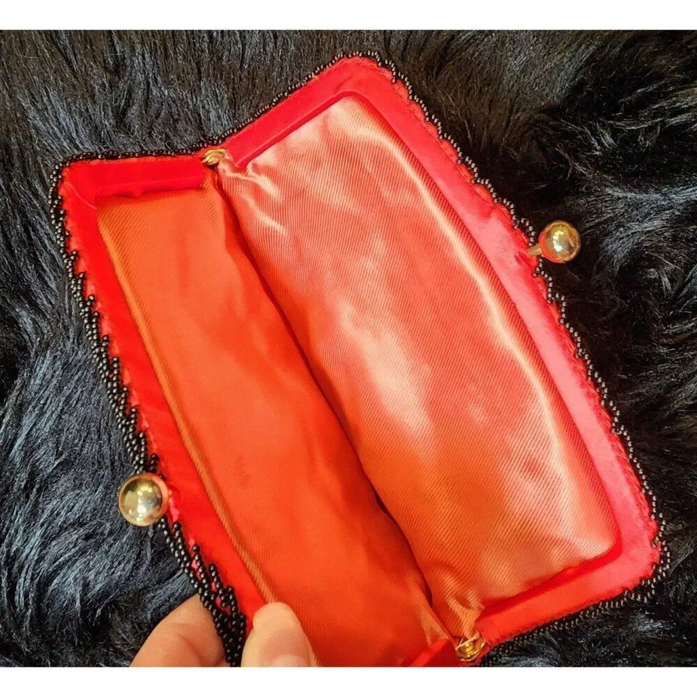 Vintage Fold Over Hand Beaded Pineapple Clutch Purse, Red Satin Black Beads